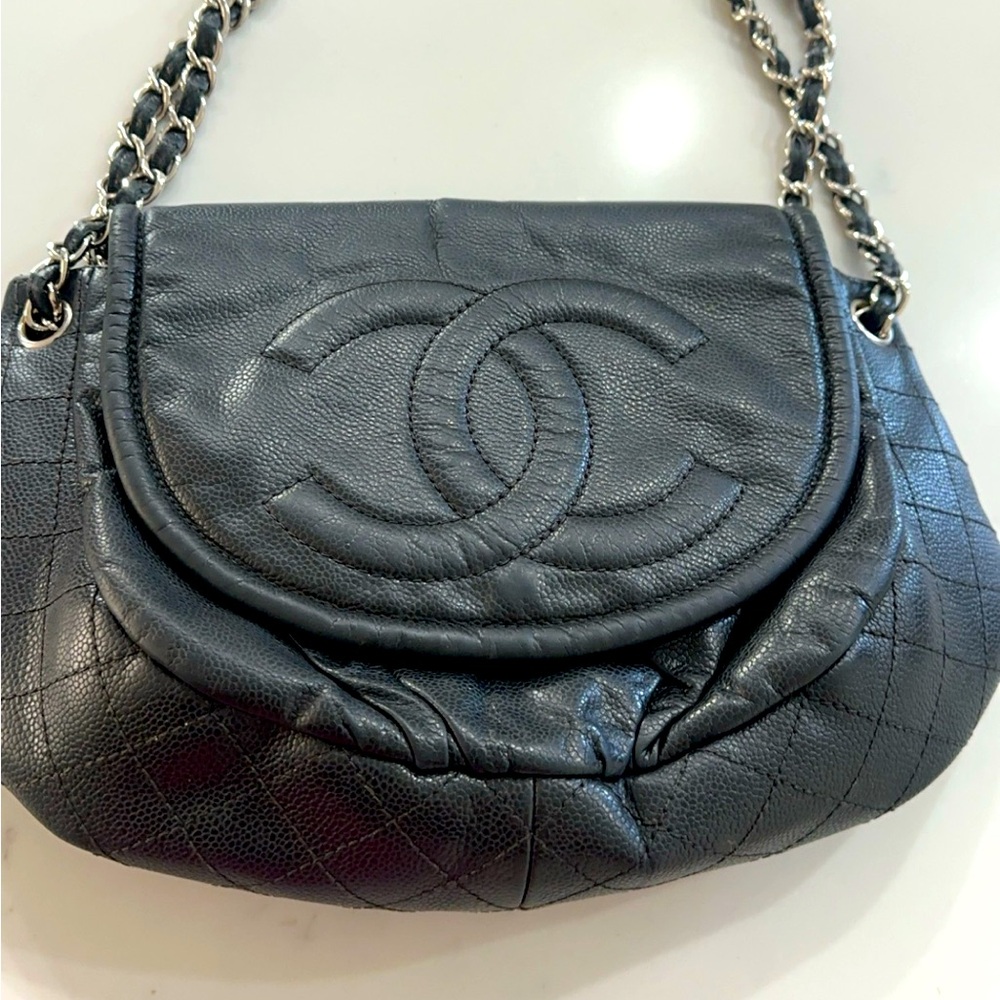 Preowned Authentic Chanel Black Caviar Leather, Pleated Half Moon Flap Bag